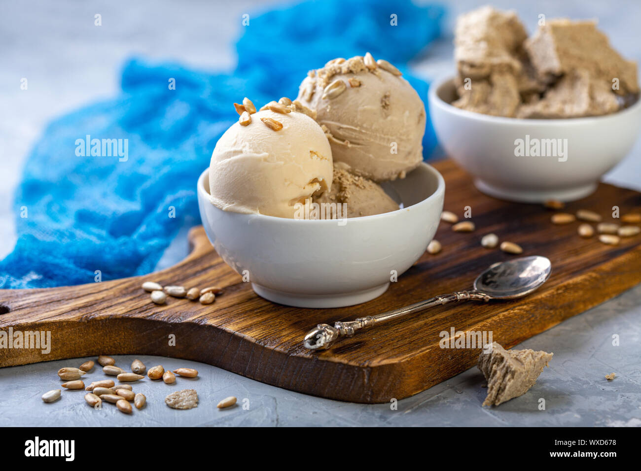 Artisanal ice cream with sunflower oil and halva. Stock Photo