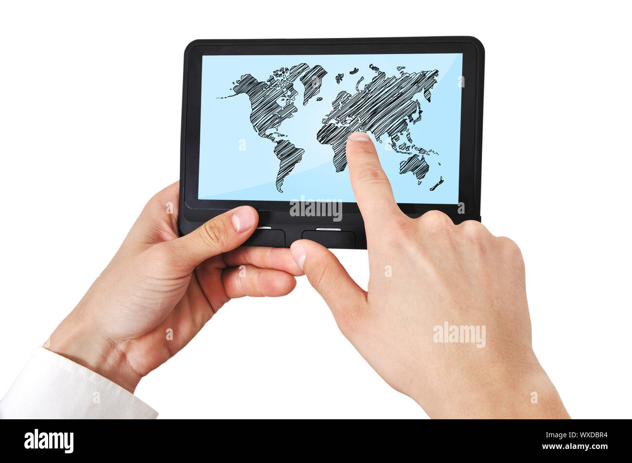 digital tablet with world map in hand Stock Photo