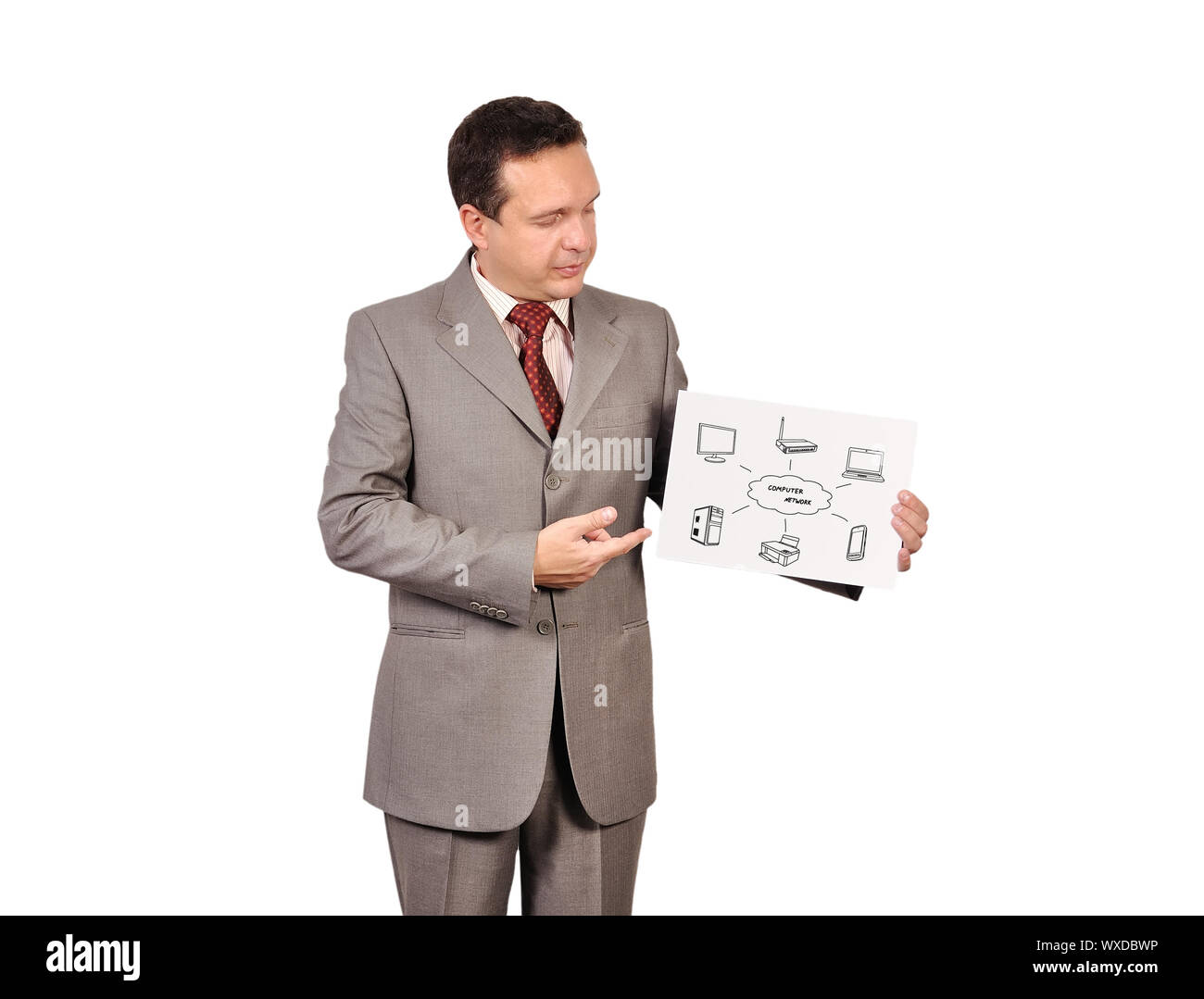 businessman holding placard with computer network Stock Photo