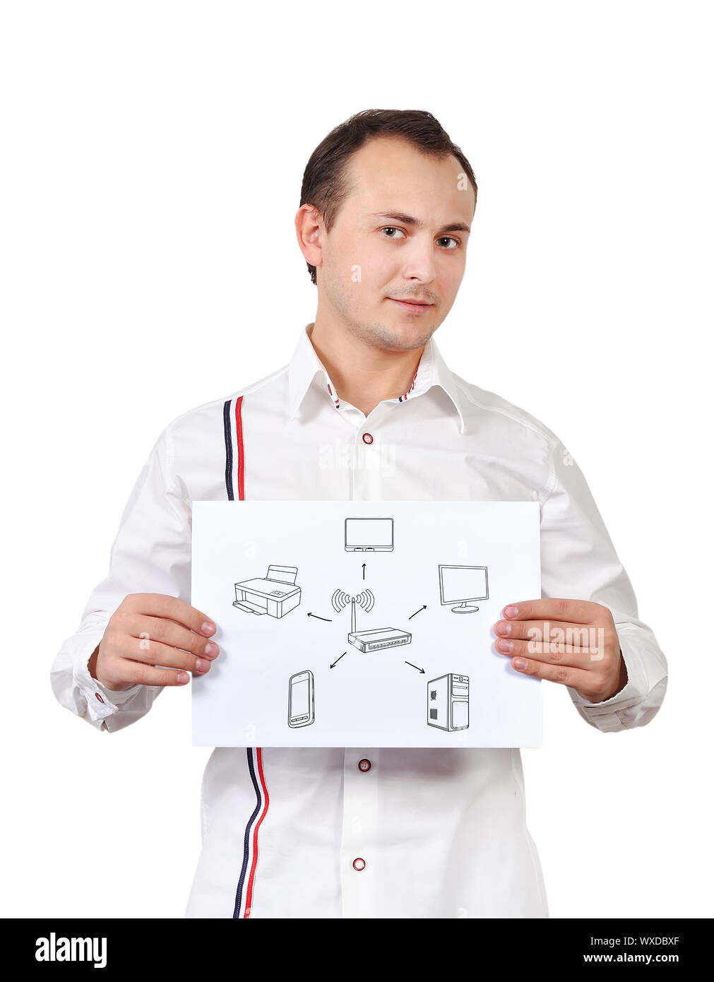 man holding placard with computer network Stock Photo