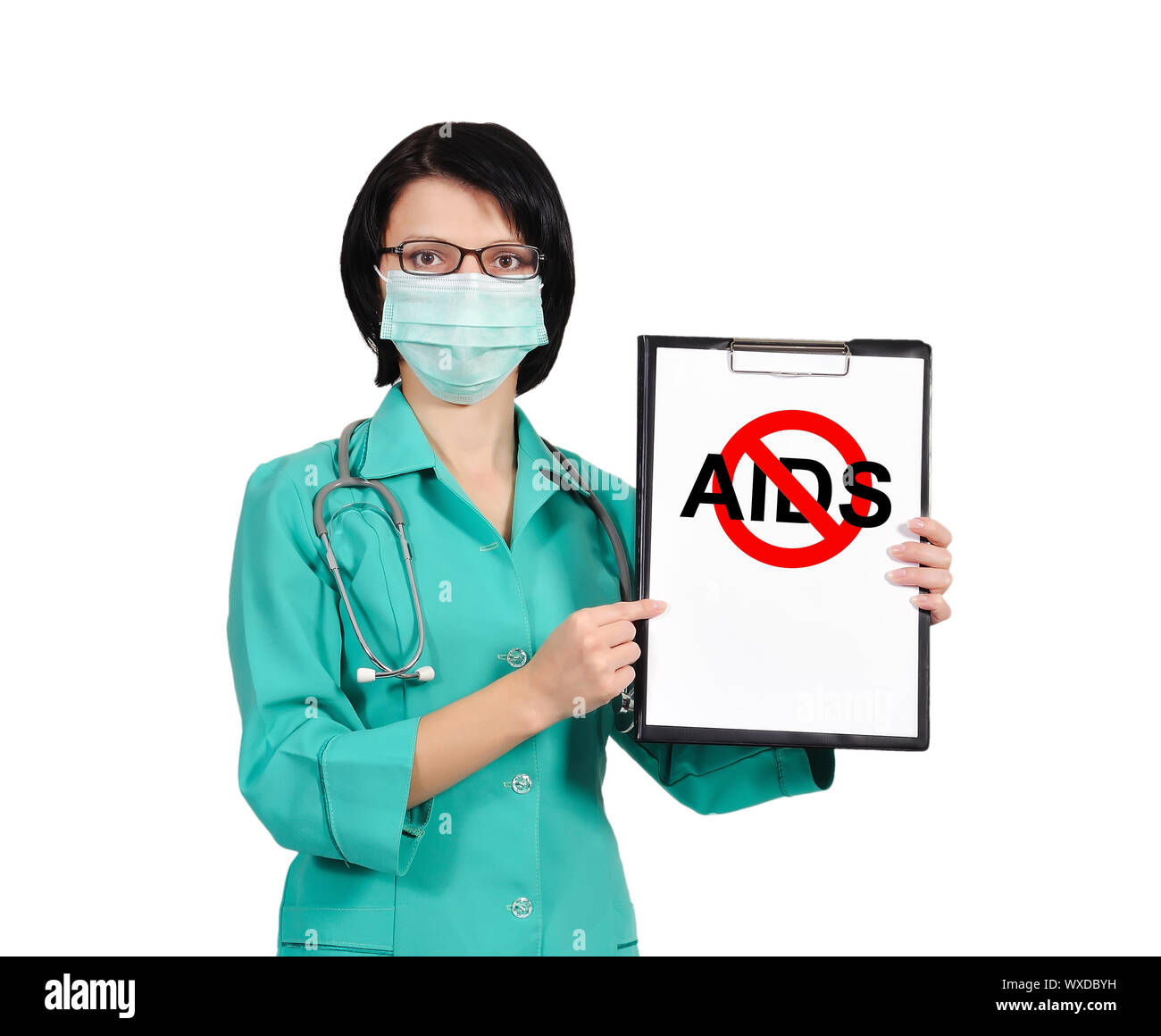 female doctor holds clipboard with no aids sign Stock Photo - Alamy