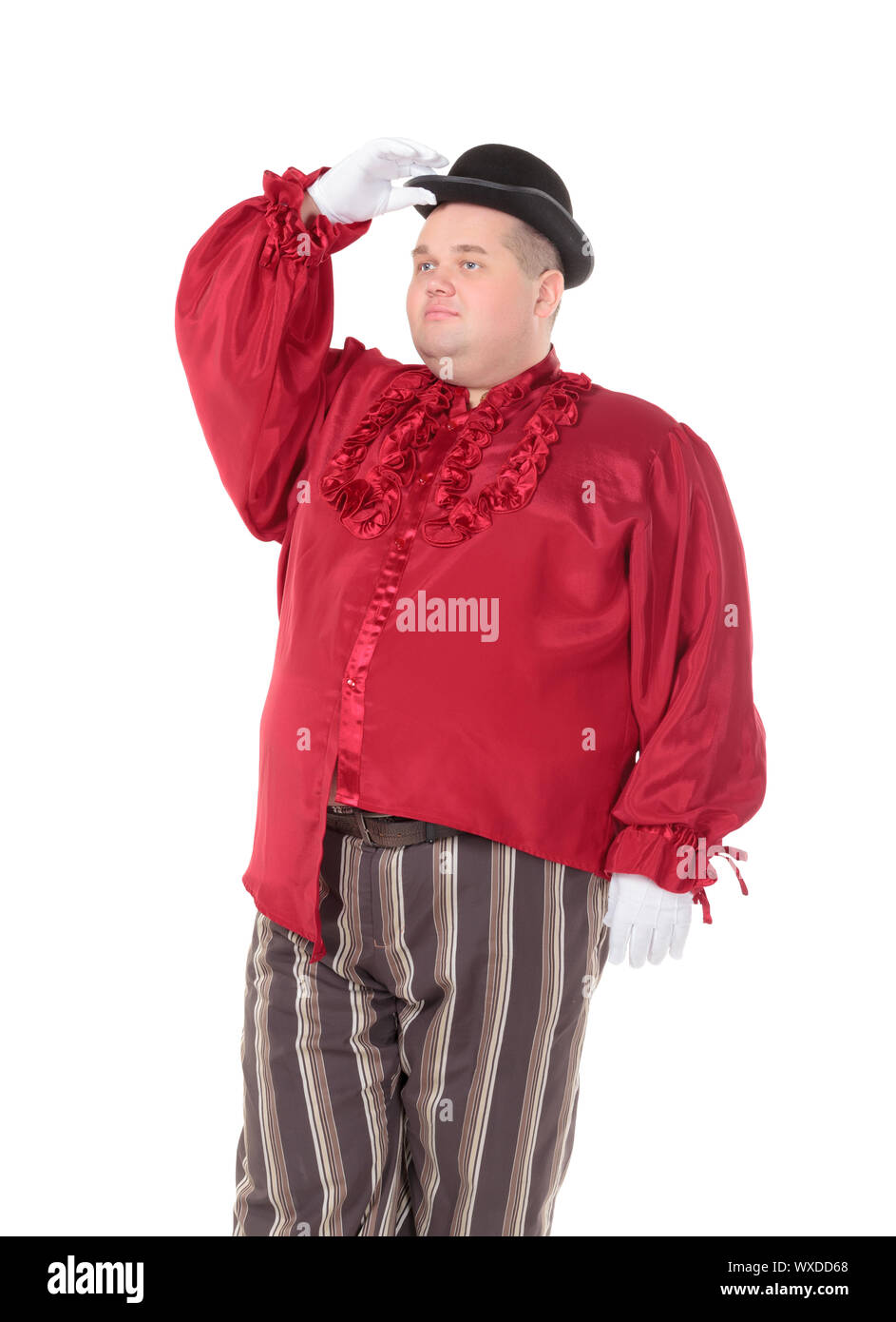 Very fat man in a red entertainer's costume and bowler hat, isolated on white Stock Photo Alamy