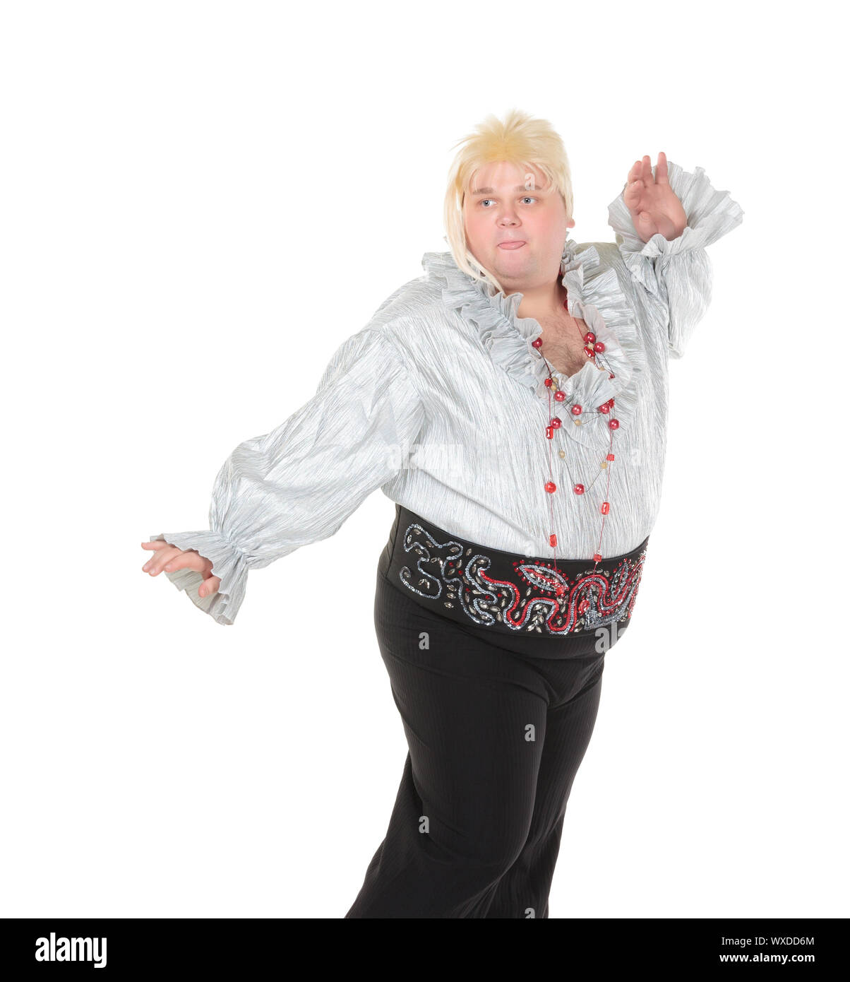 Crazy funny fat man posing wearing a blonde wig and traditional clothes, on white Stock Photo