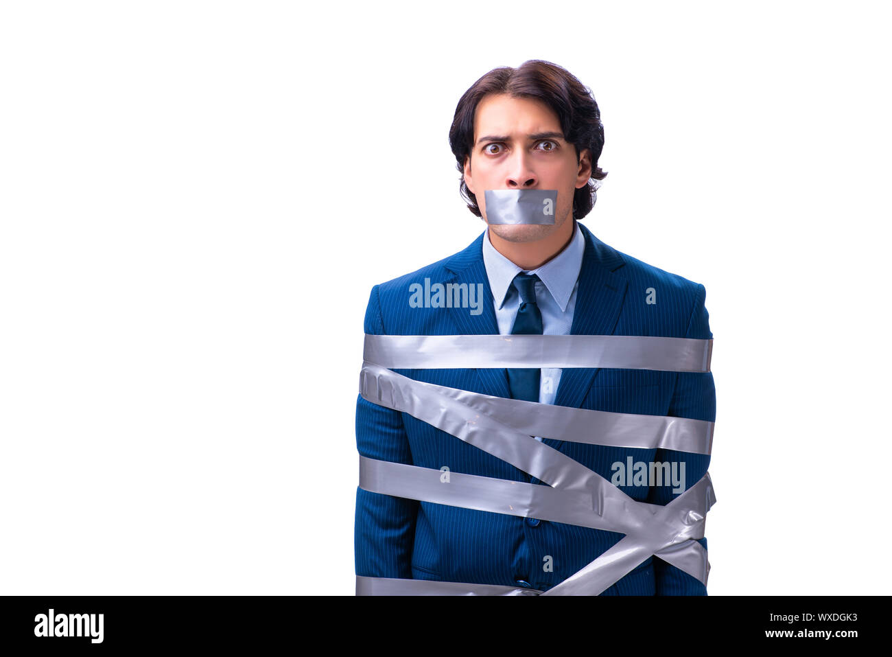 Tied employee with tape on mouth isolated on white Stock Photo