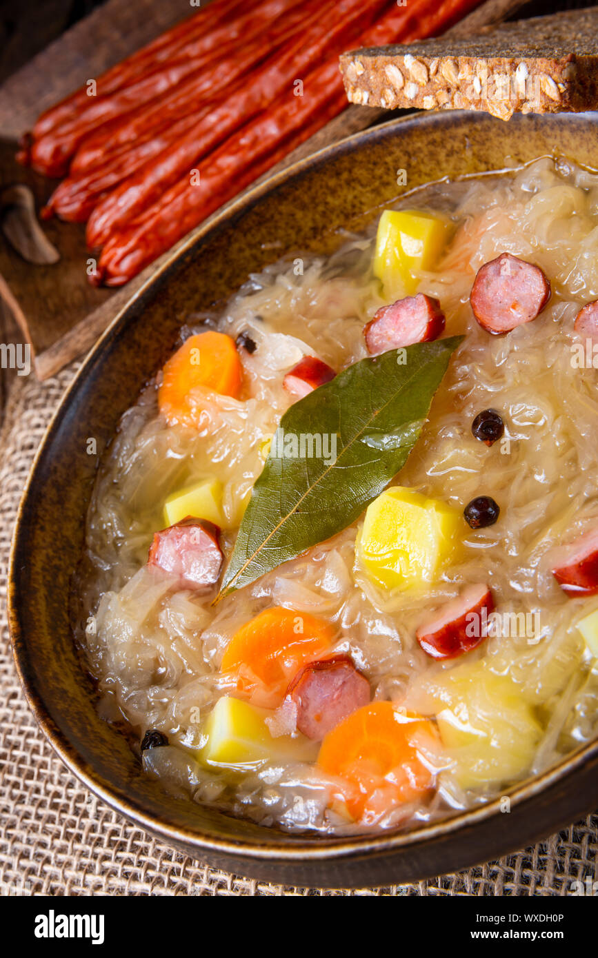rustic sauerkraut soup with bacon and sausage Stock Photo Alamy