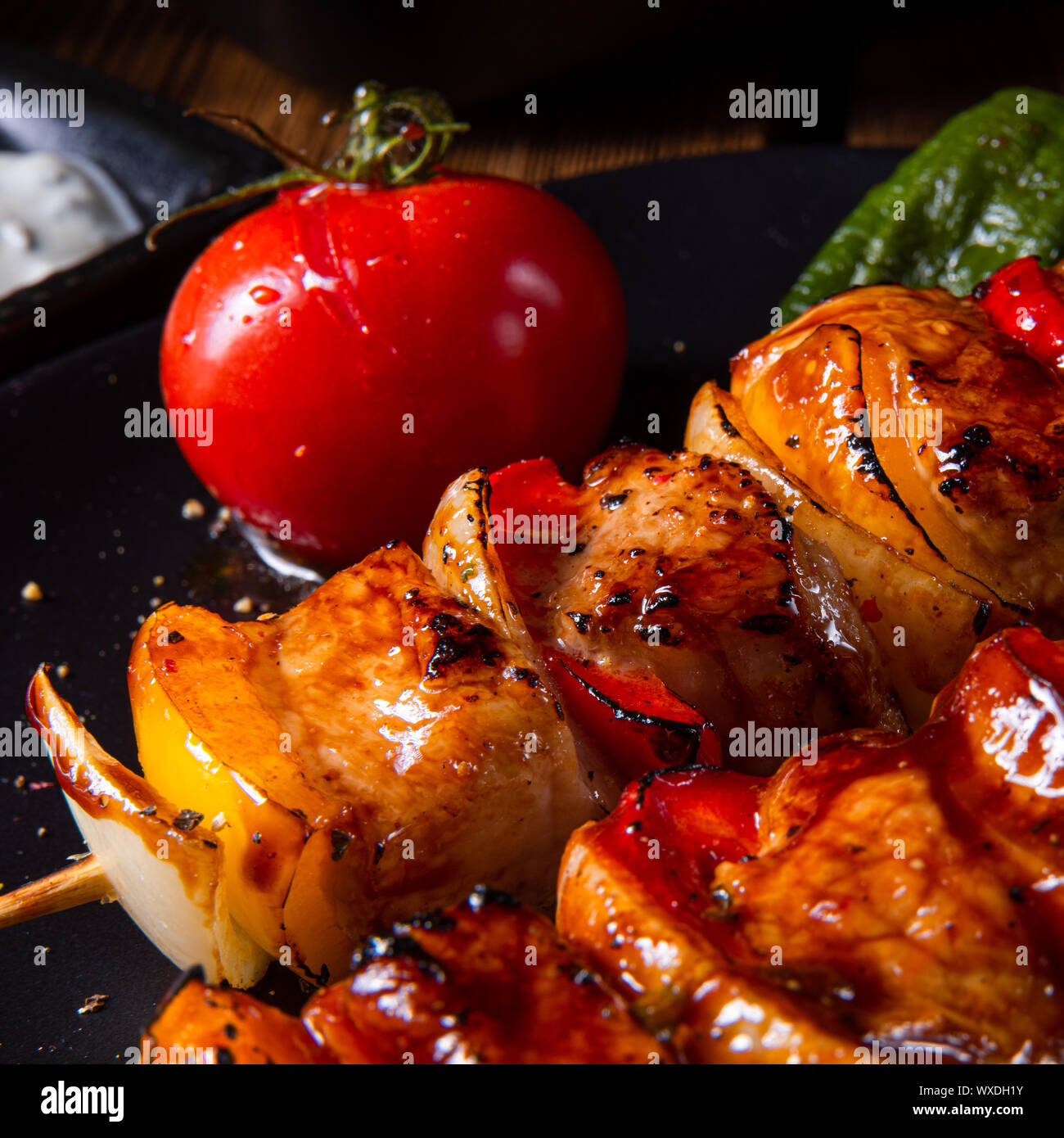 marinated kebab skewers with meat and vegetables Stock Photo