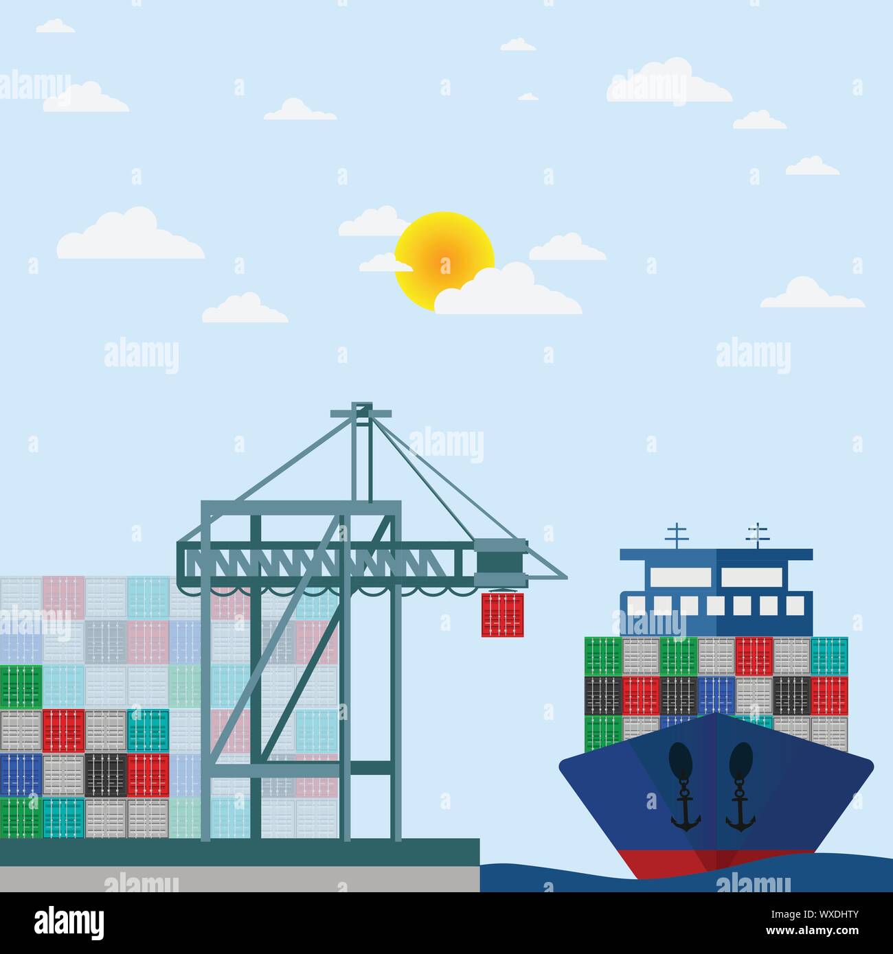 Transport cargo sea ship loading containers by harbor crane in shipping port vector illustration. Stock Vector