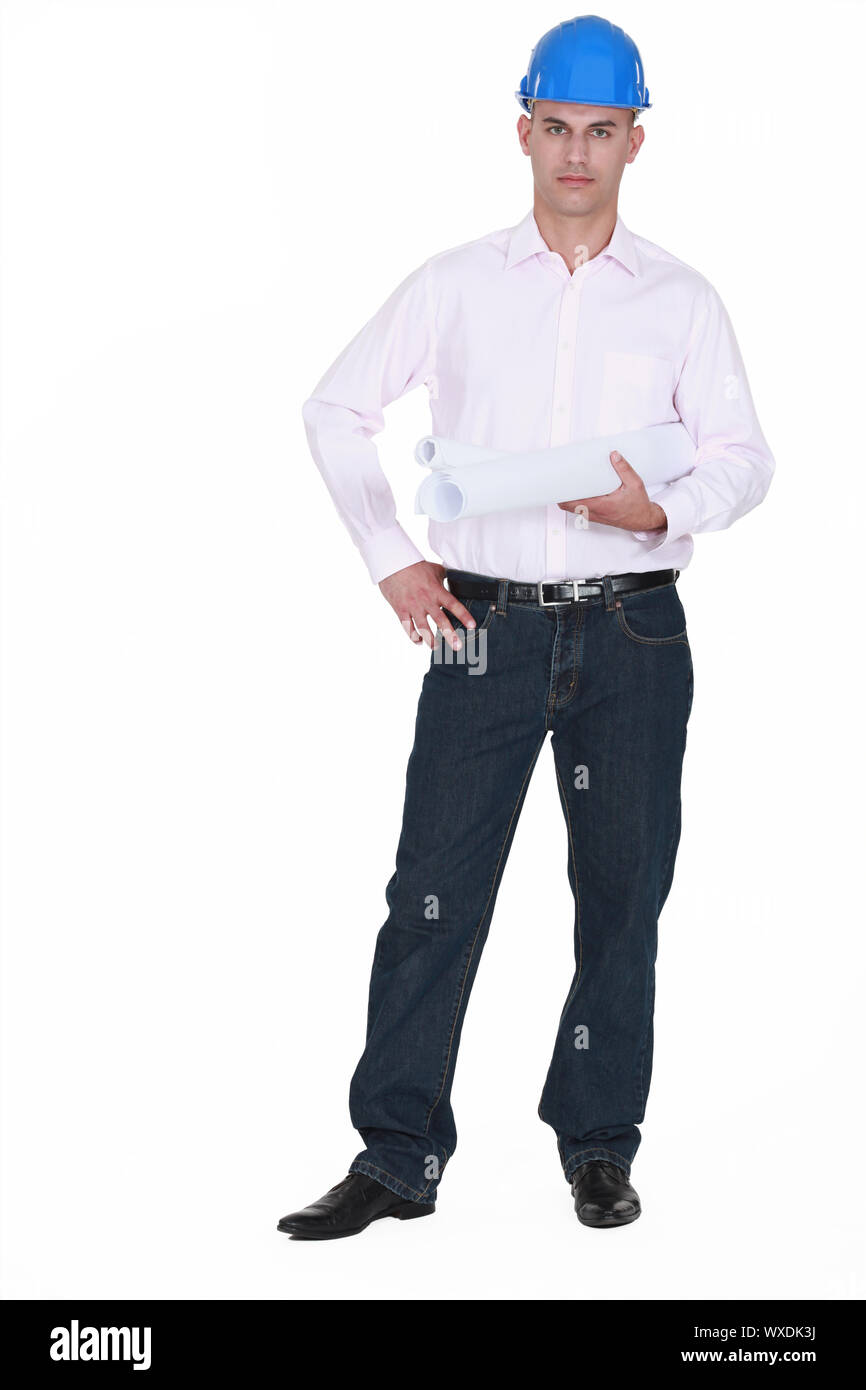 fulllength portrait of architect holding blueprints Stock Photo Alamy