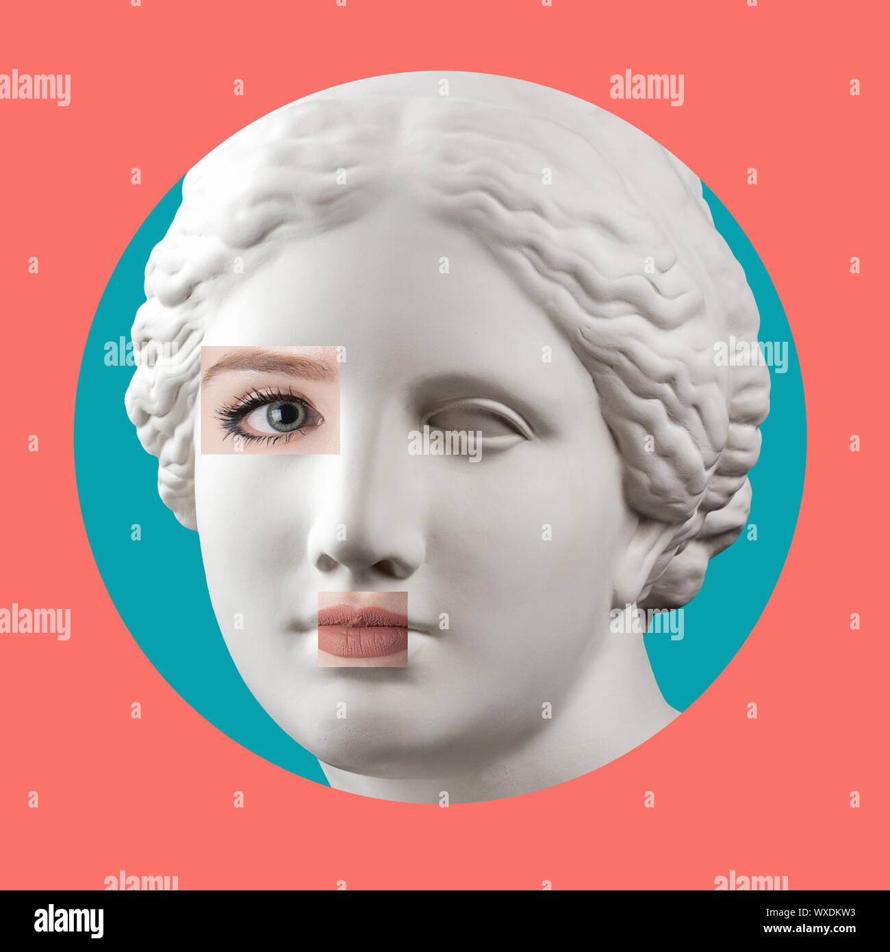 Contemporary art poster with ancient statue of Venus head and details of a living woman's face. Stock Photo