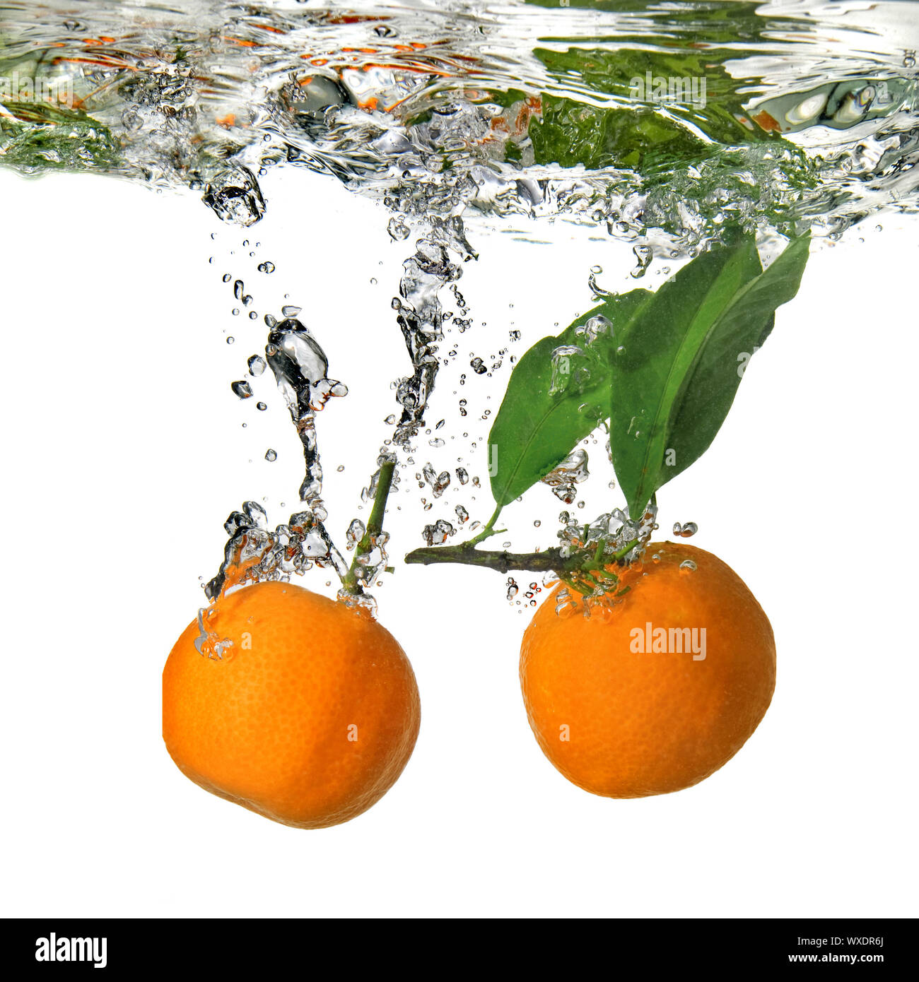 tangerines dropped into water with bubbles on white Stock Photo Alamy