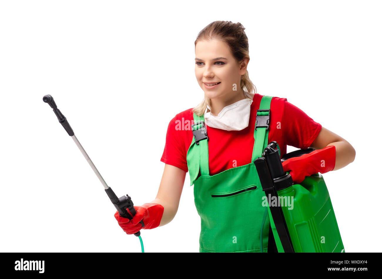Female pest control contractor isolated on white Stock Photo - Alamy