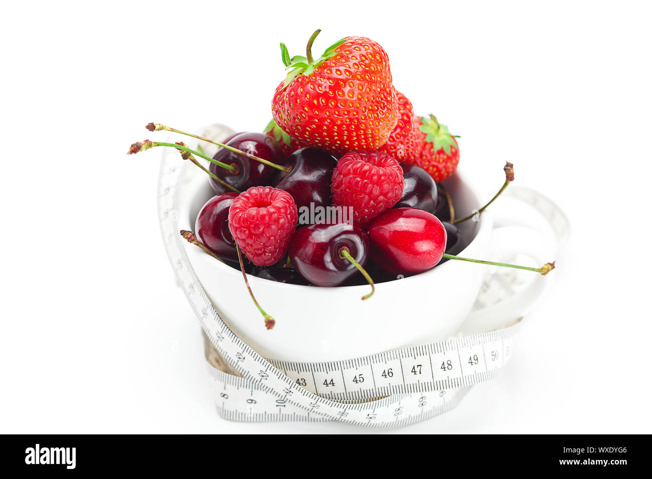 Cherry Vs Raspberry Size measure tape,raspberries, strawberries and cherries in a bowl isolated ...
