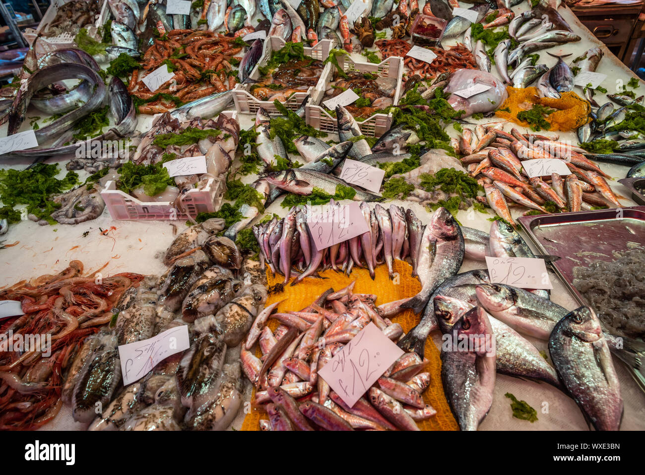 Seafood at La Pescheria fish market in Catania, Sicily, Italy Stock