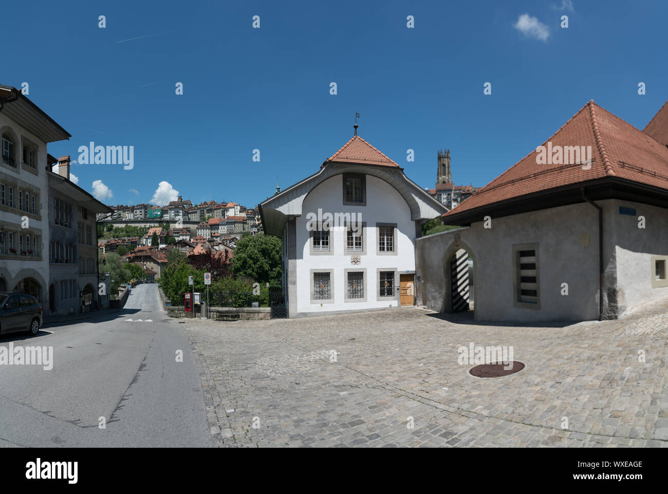 Fribourg, FR / Switzerland - 30 May 2019: view of the historic Saint Jean church and bridge in the h Stock Photo