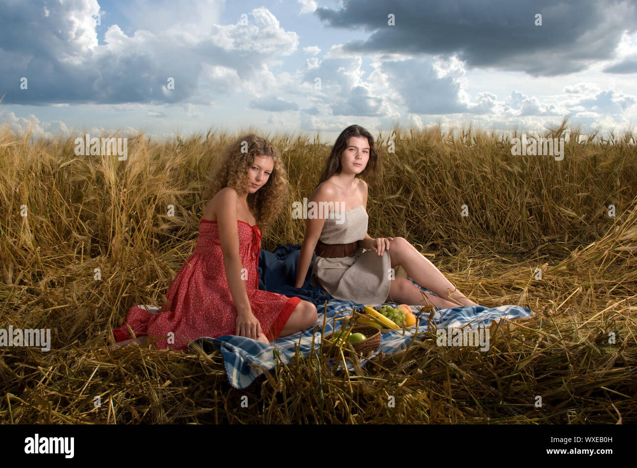 Two beautiful slavonic girls on picnic in wheat field Stock Photo - Alamy