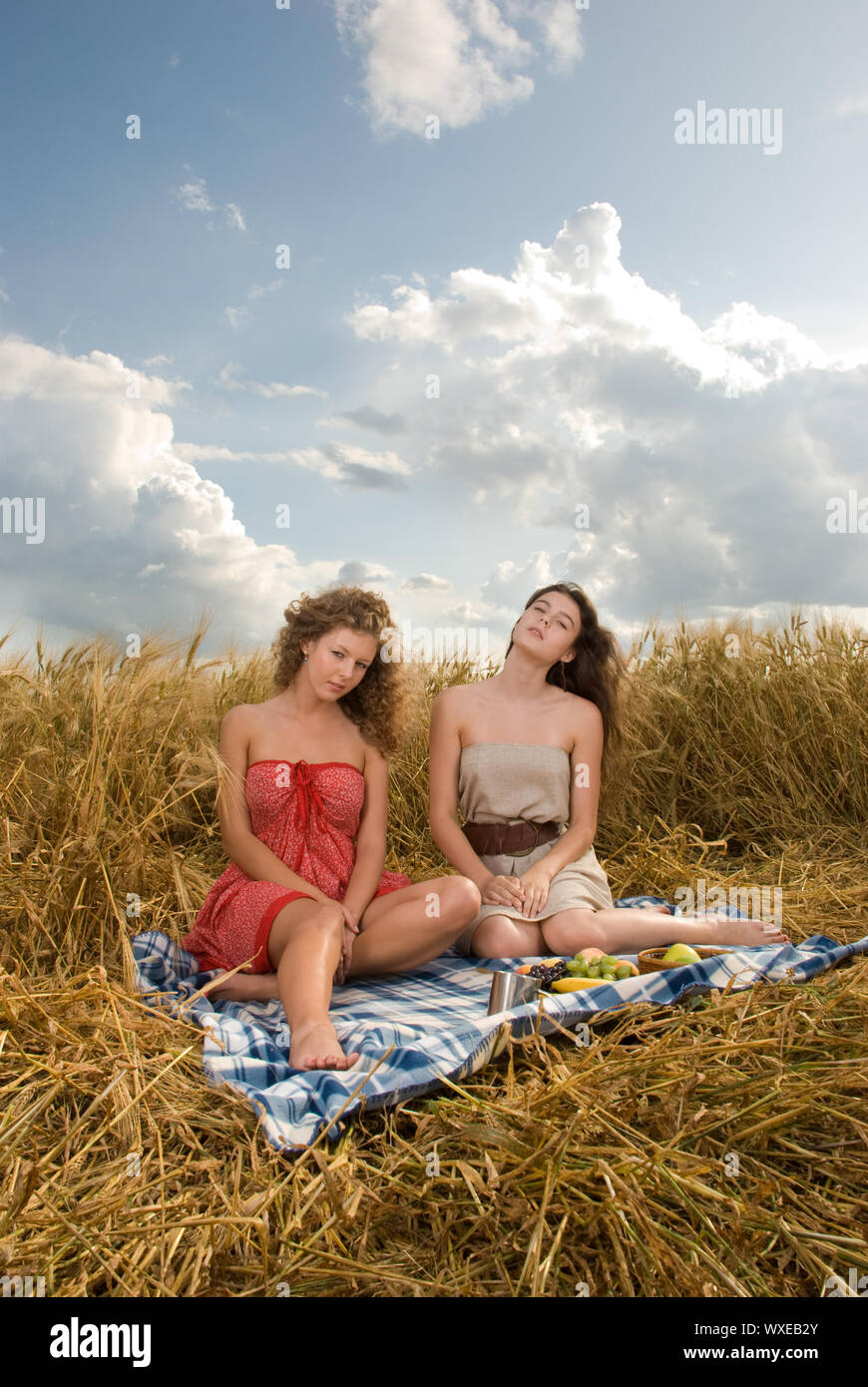 Two beautiful slavonic girls on picnic in wheat field Stock Photo - Alamy