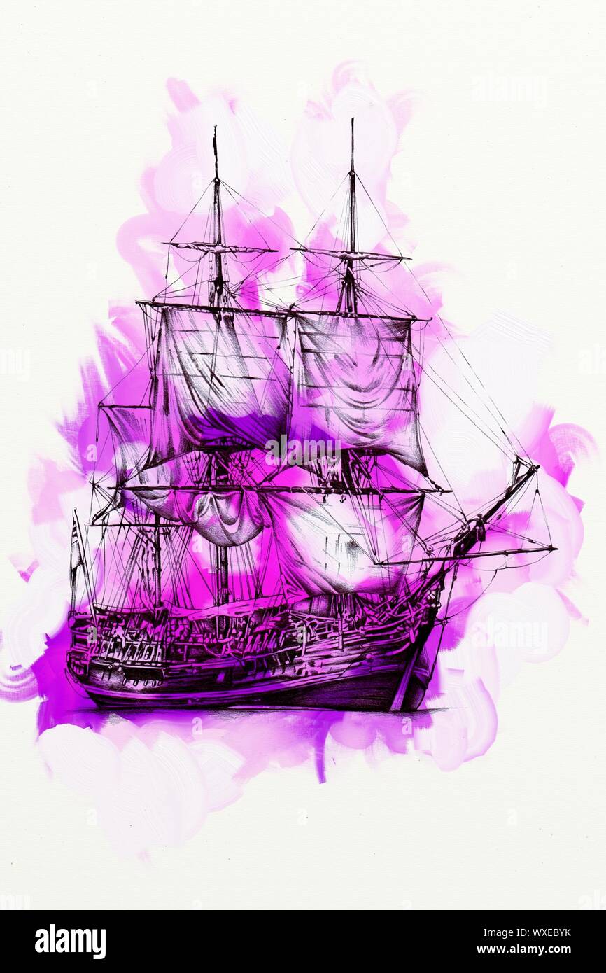 Old ship painted, oil art illustration Stock Photo - Alamy