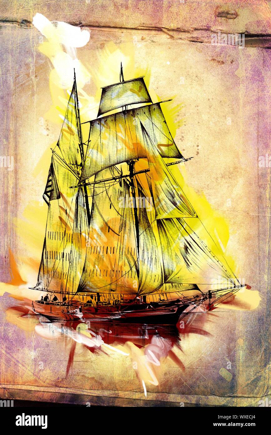 Old ship painted, oil art illustration Stock Photo - Alamy