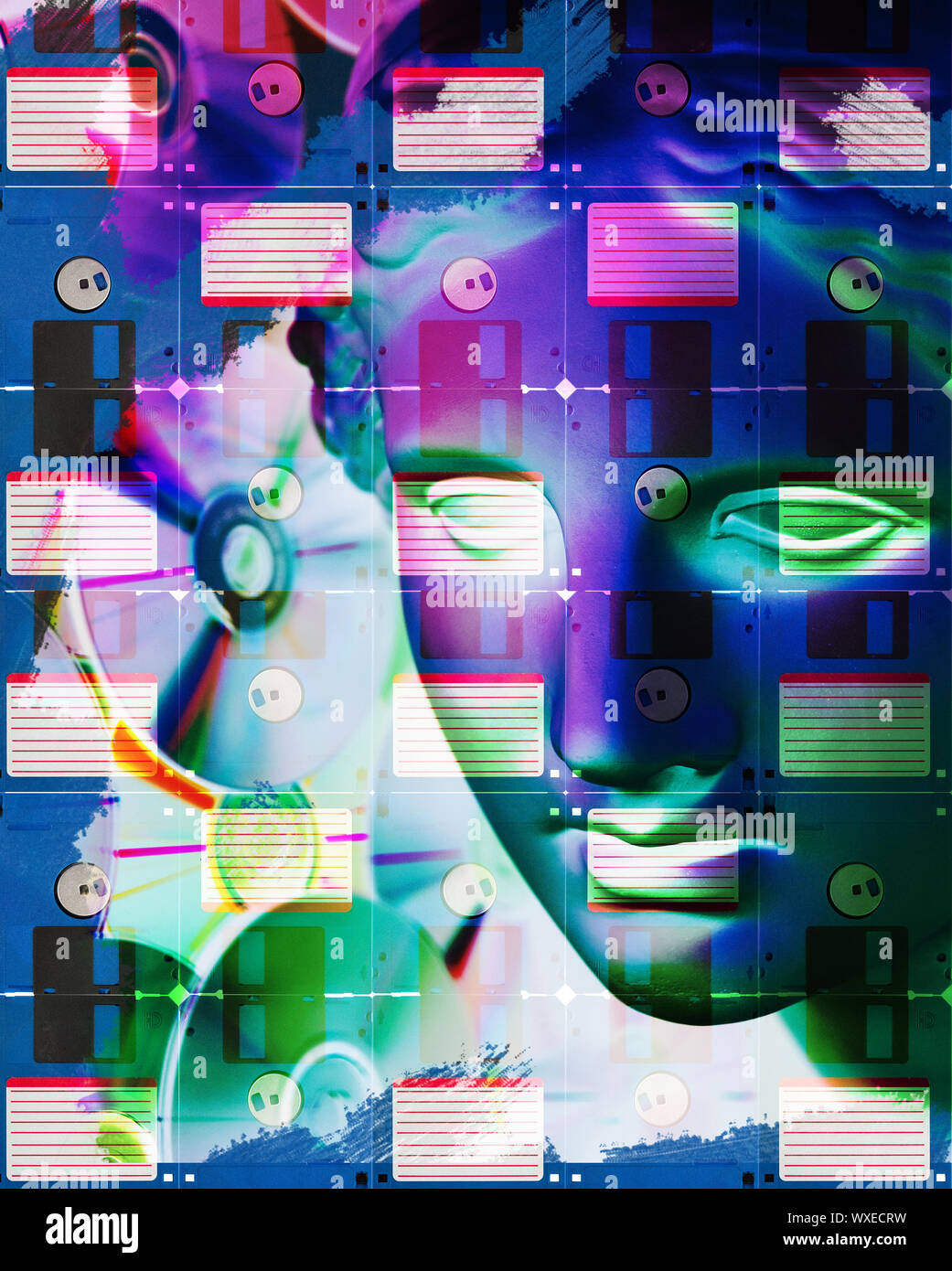 Modern conceptual art poster with face ancient statue and floppy disc ...