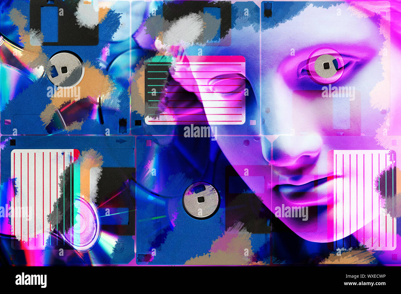 Modern conceptual art poster with face ancient statue and floppy disc ...