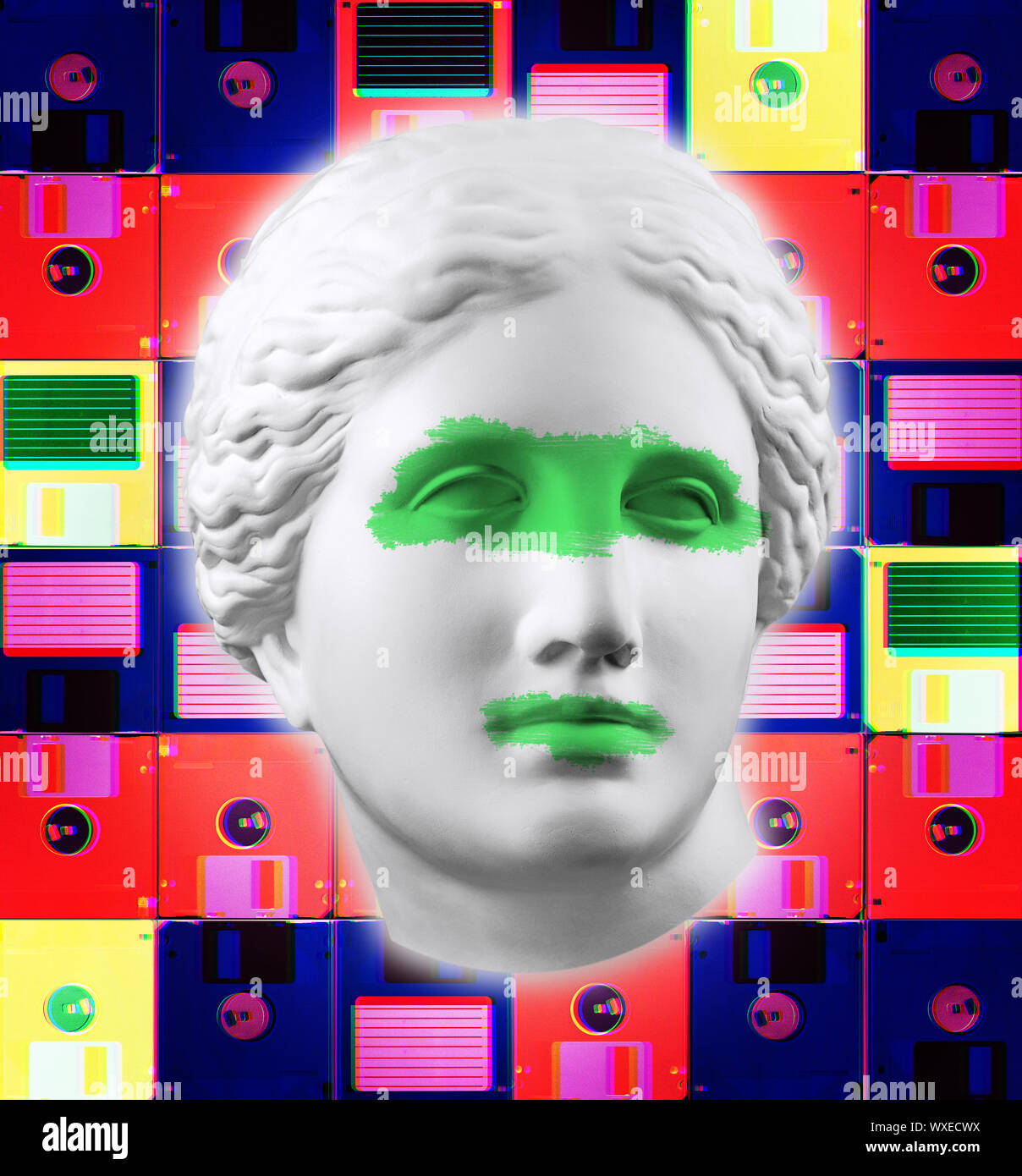 Modern conceptual art poster with face ancient statue and floppy disc. Collage of contemporary art. Stock Photo
