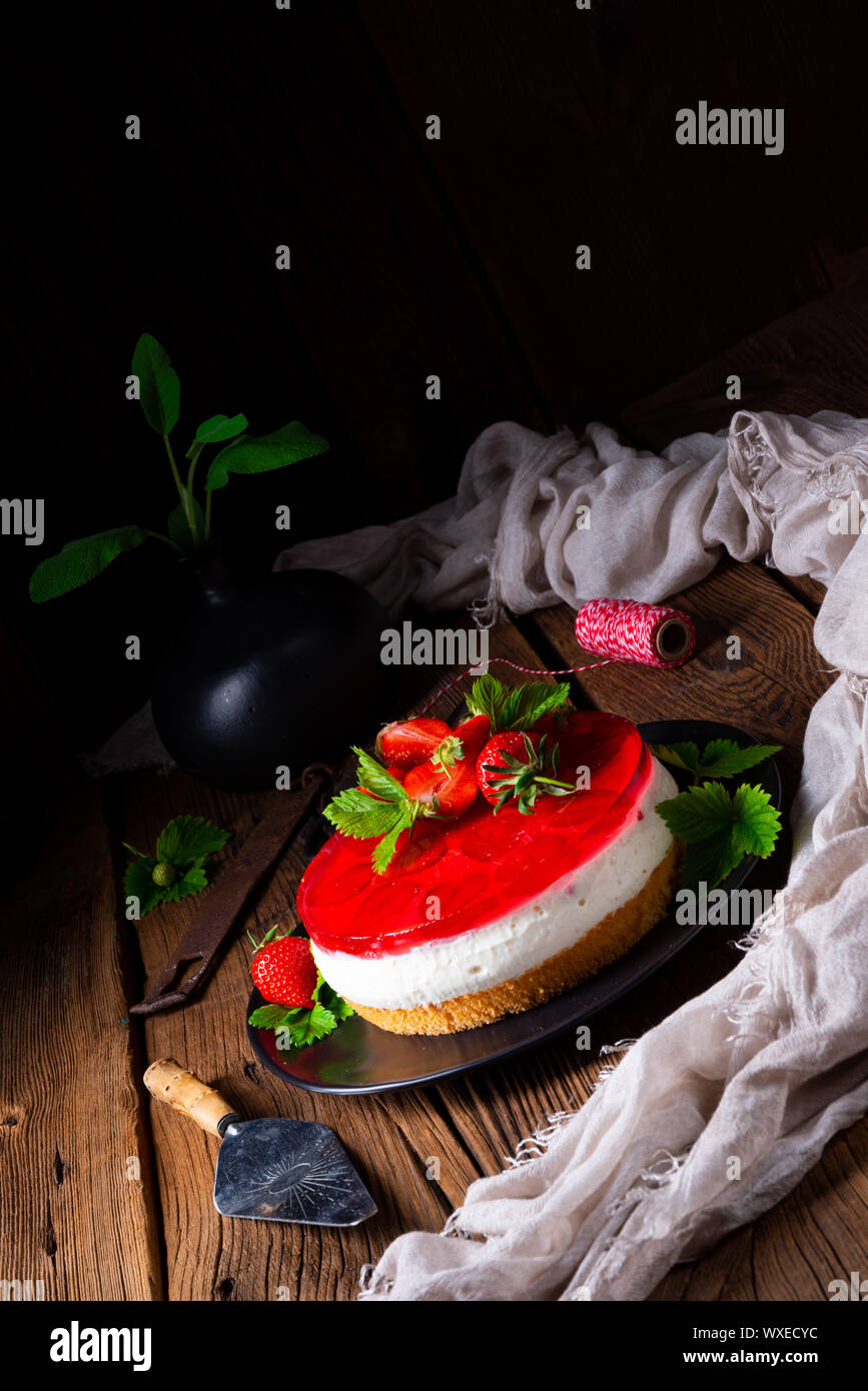 delicious cream quark pie with strawberries Stock Photo
