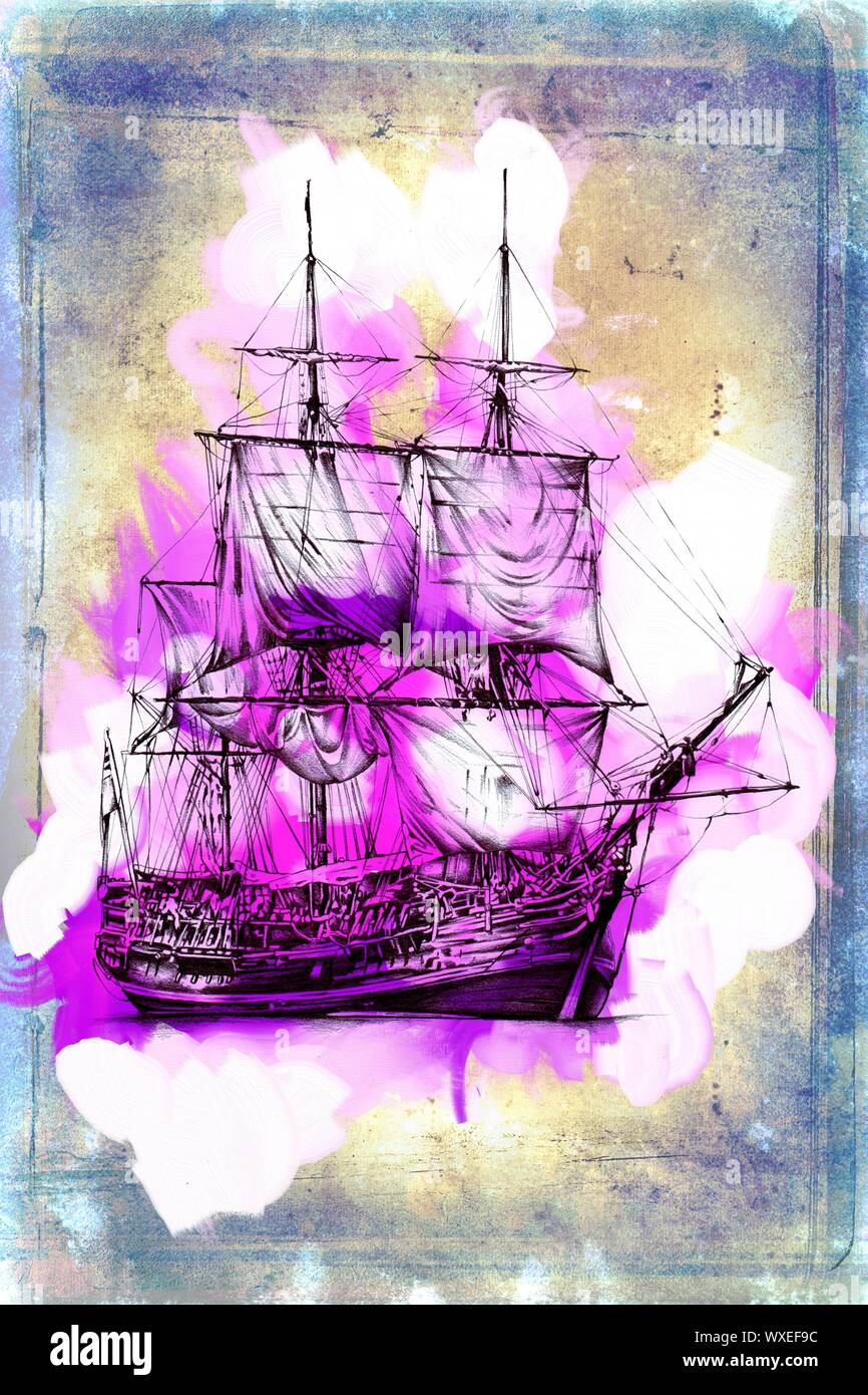 Old ship painted, oil art illustration Stock Photo