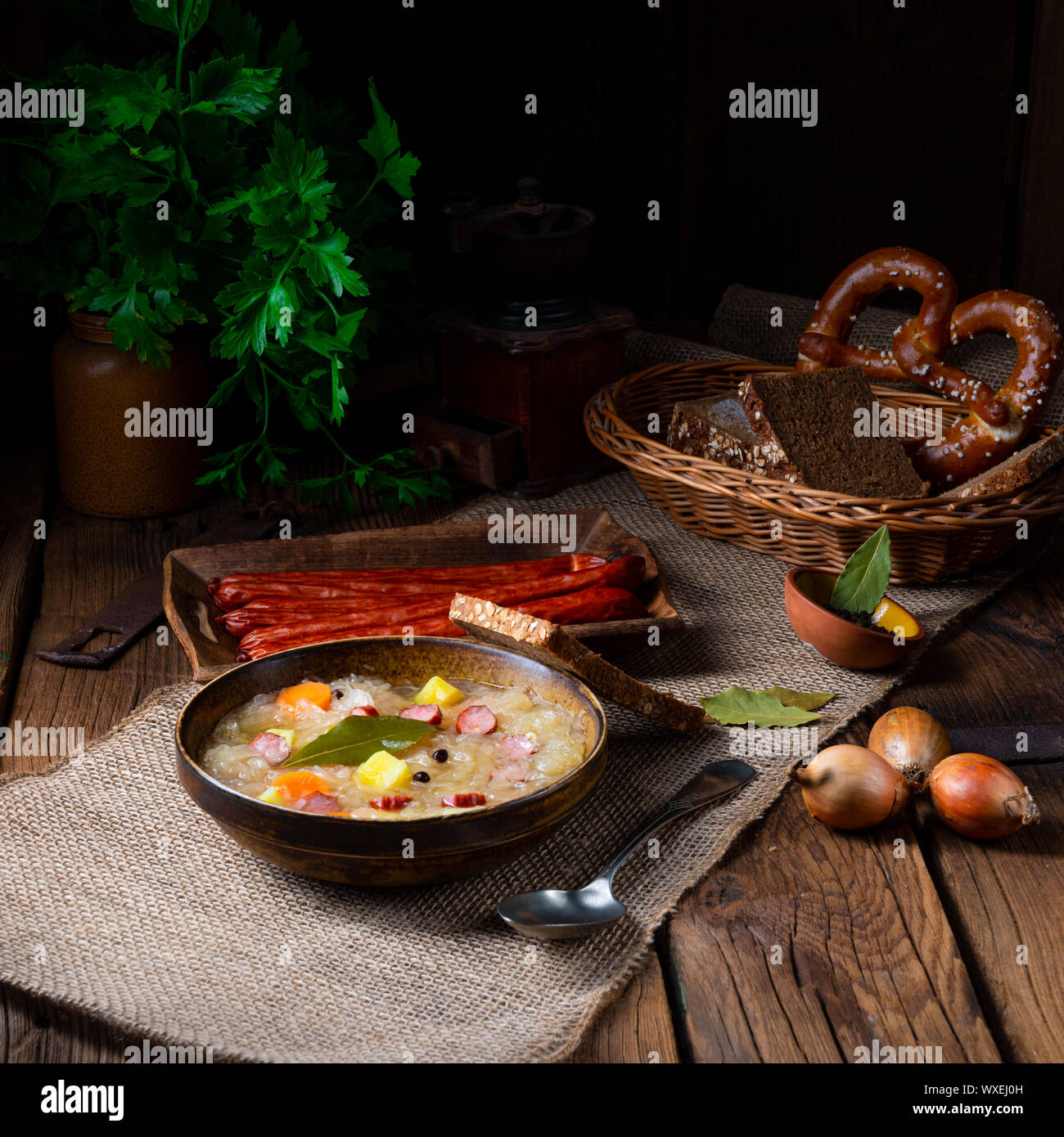 rustic sauerkraut soup with bacon and sausage Stock Photo Alamy