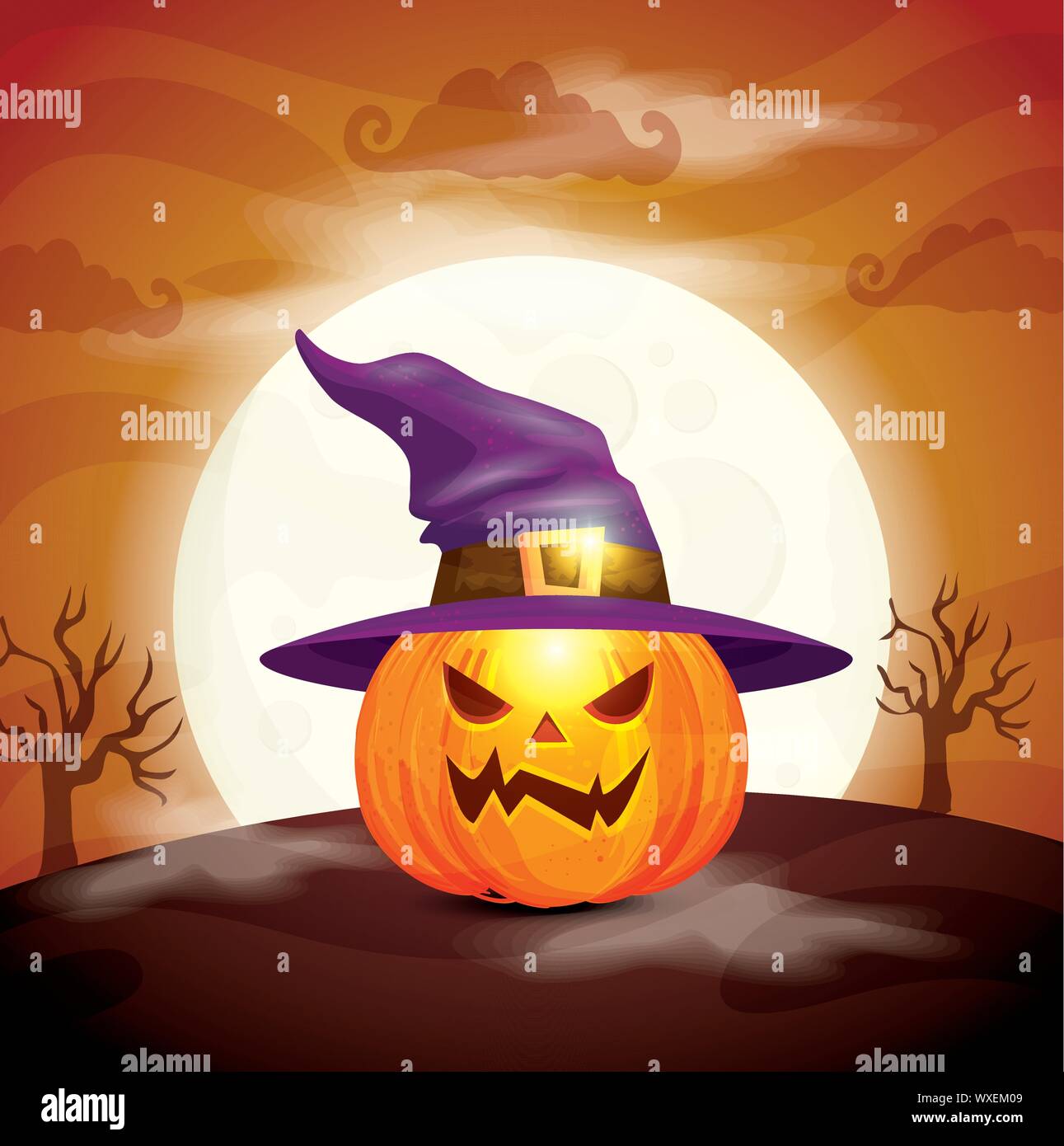 pumpkin with hat of witch in scene halloween Stock Vector Image & Art ...