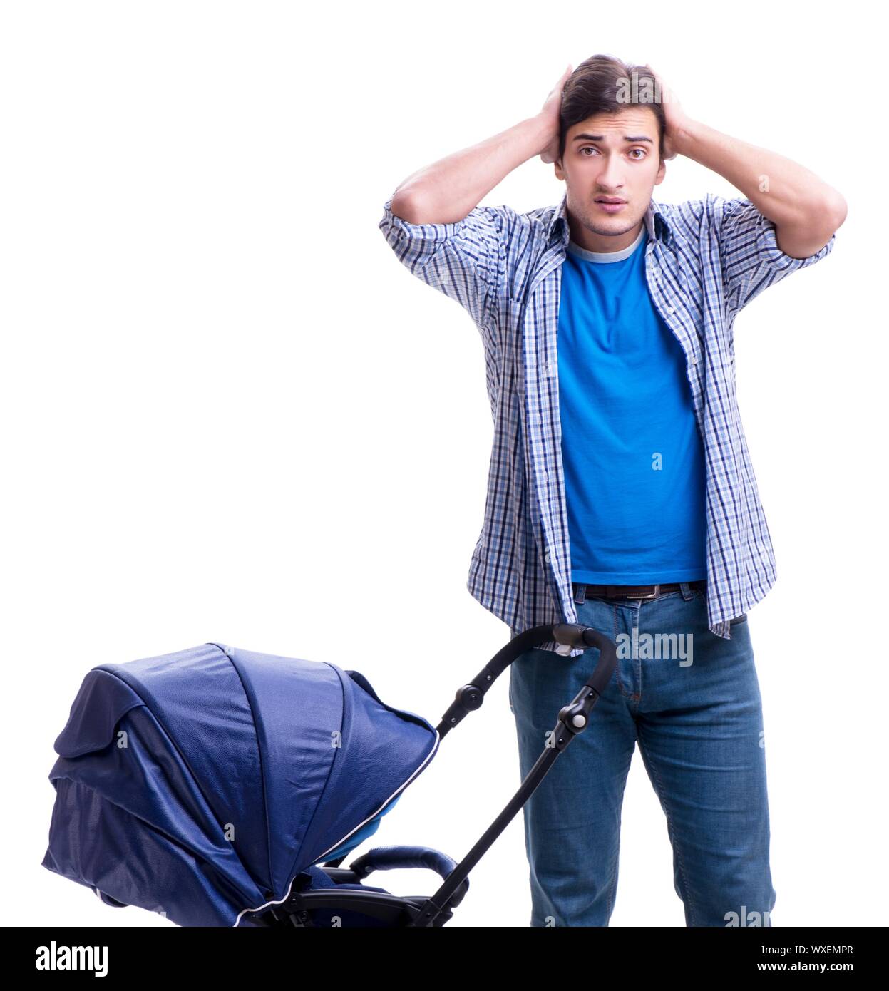 Young dad with baby pram isolated on white Stock Photo