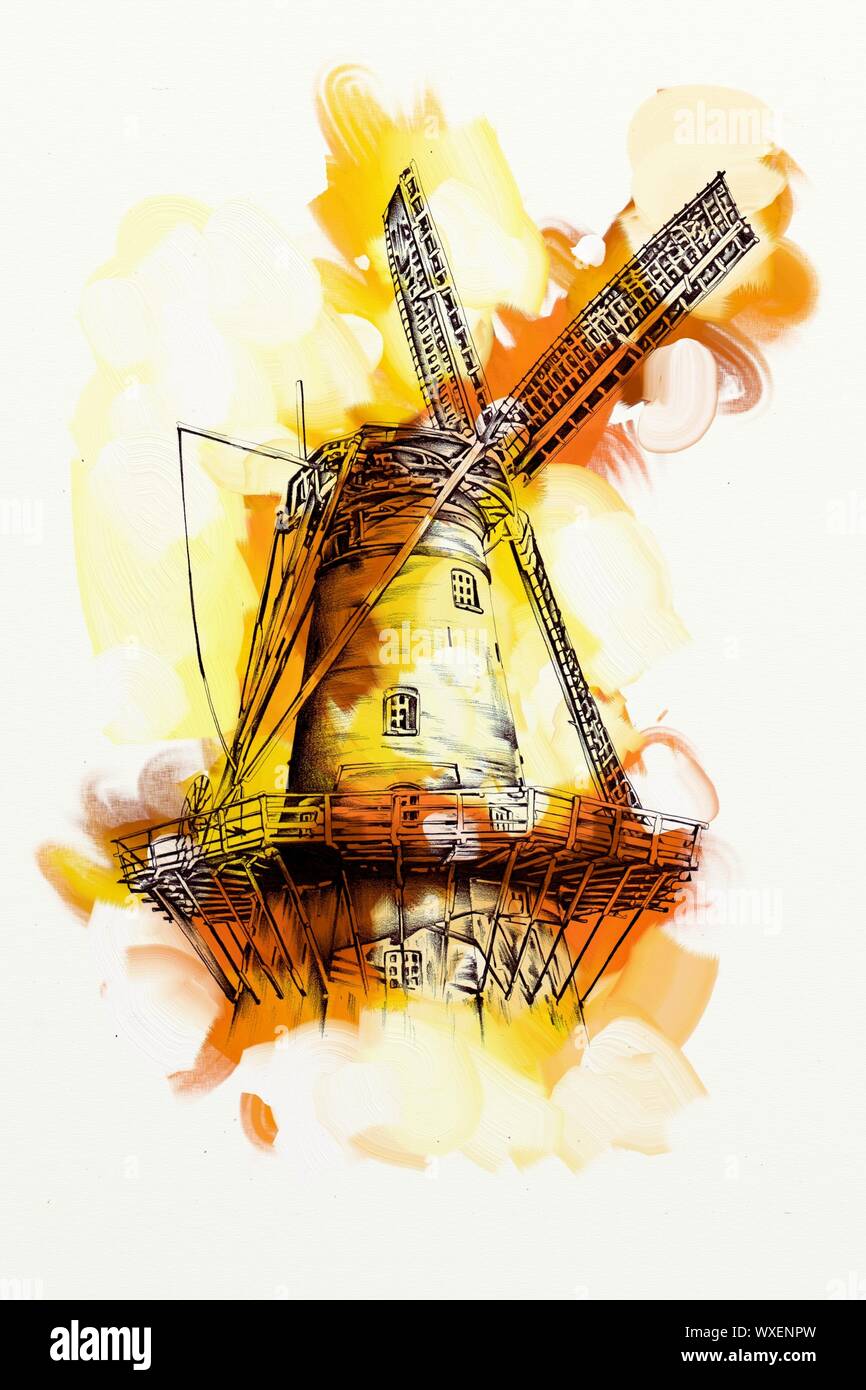 windmill old retro vintage drawing Stock Photo - Alamy