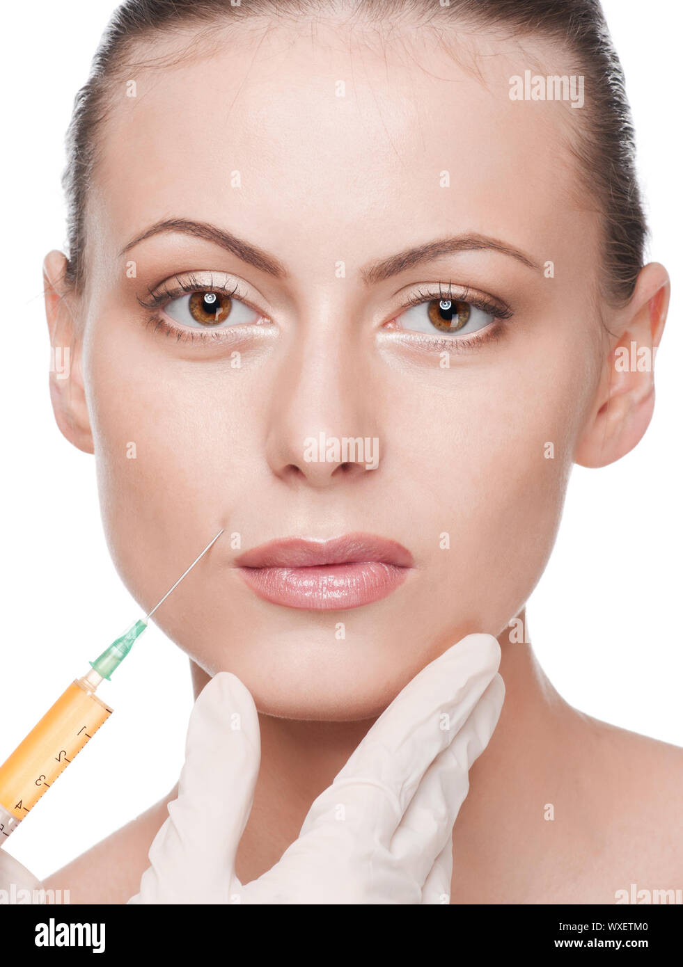 Cosmetic botox injection in the female face. Lips zone. Isolated Stock