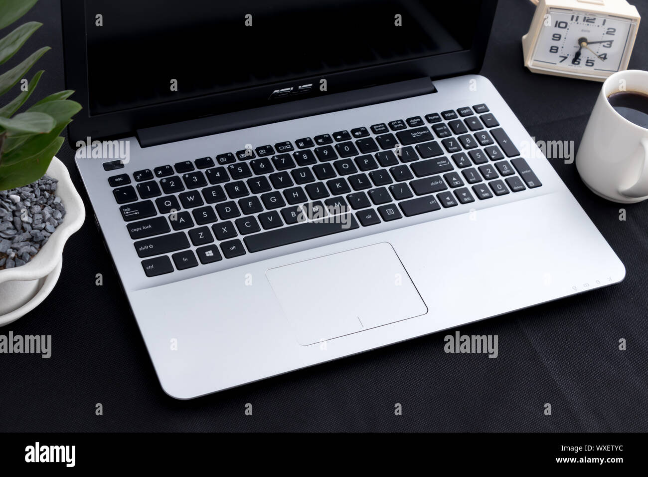 White office desk with laptop. Top view with copy space, flat lay Stock Photo