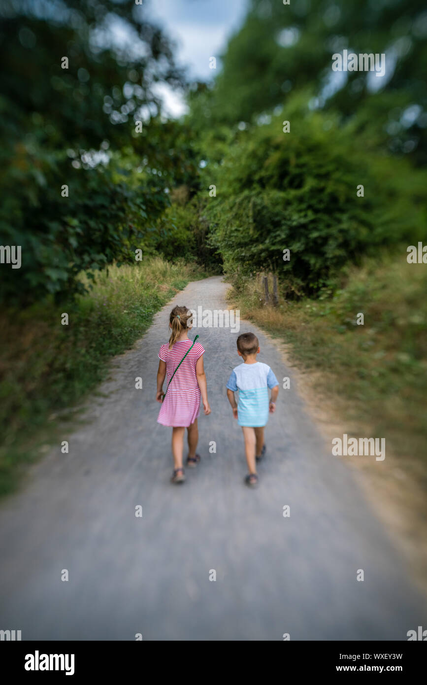 Brother and sister walking together on a forest path Stock Photo - Alamy