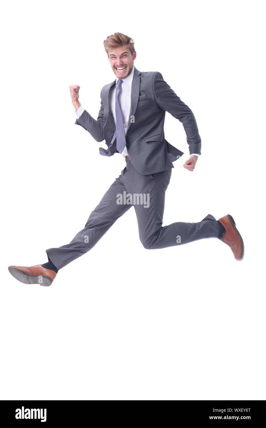 in full growth. happy businessman showing his success Stock Photo