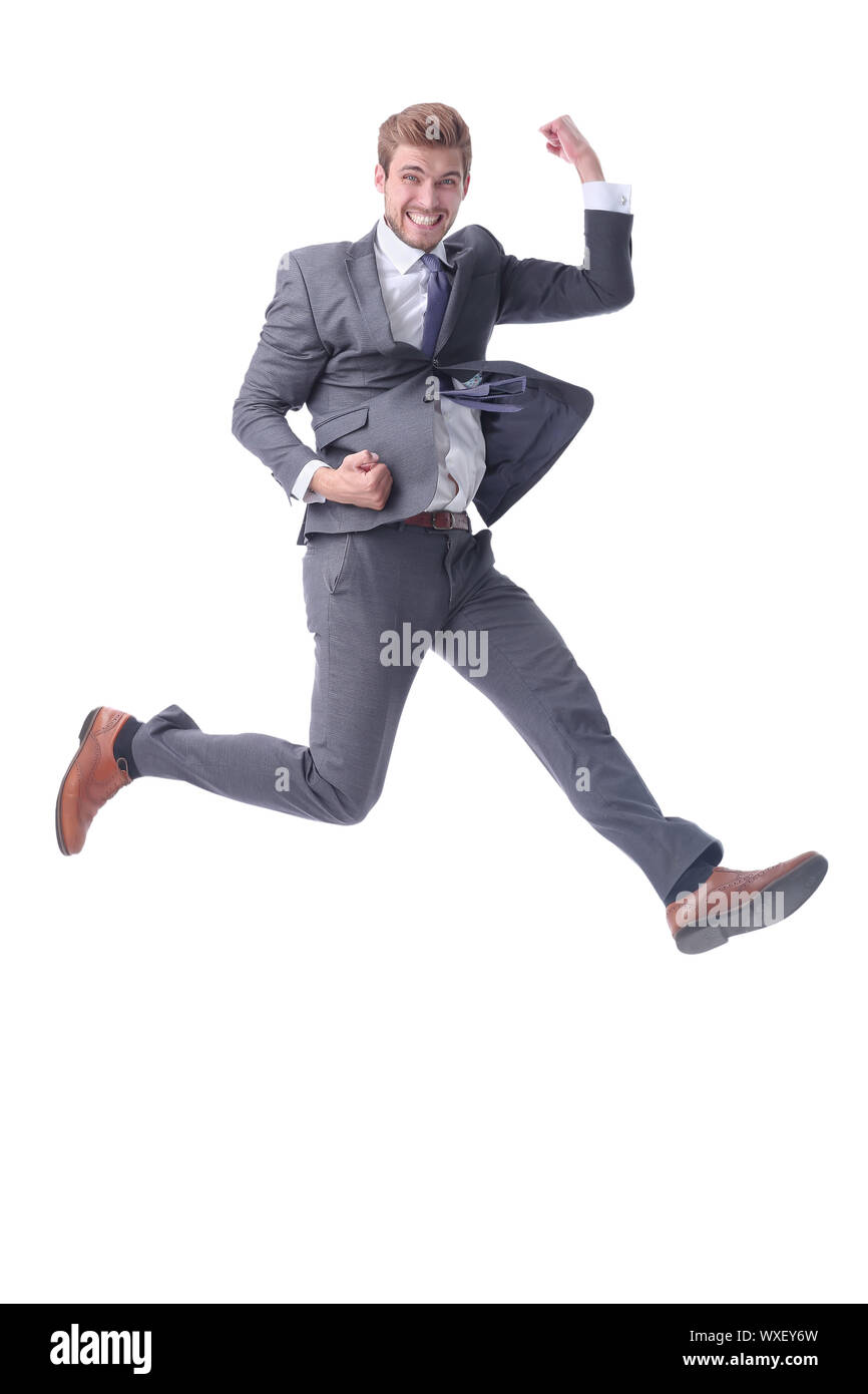 in full growth. happy businessman showing his success Stock Photo