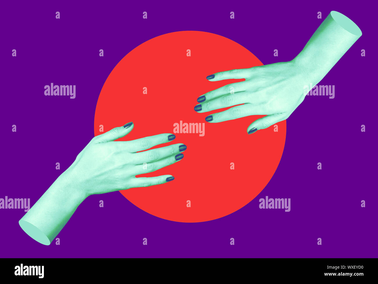 Modern conceptual art poster with a hands in a massurrealism style. Contemporary art collage. Stock Photo