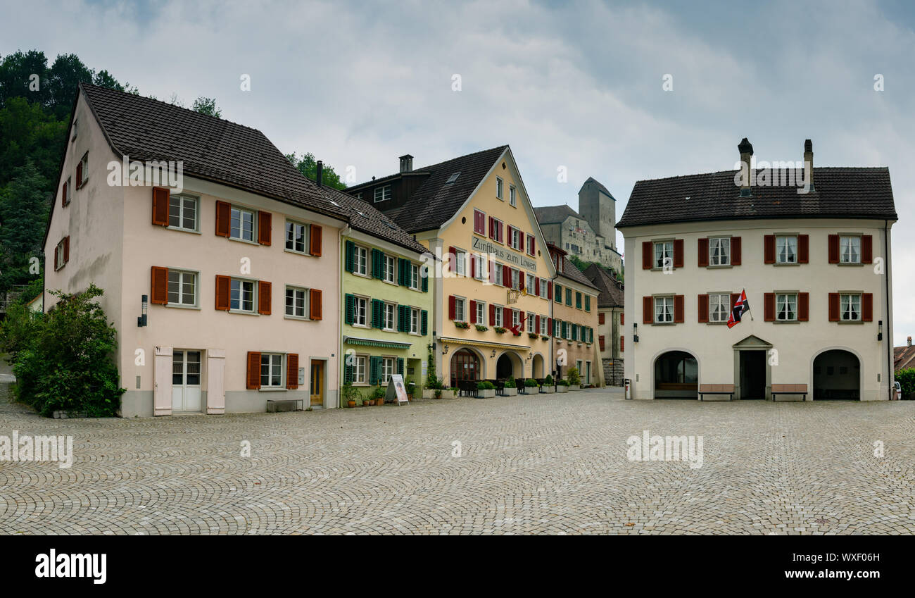the historic old town of Sargans with ist guild houses and the castle behind Stock Photo