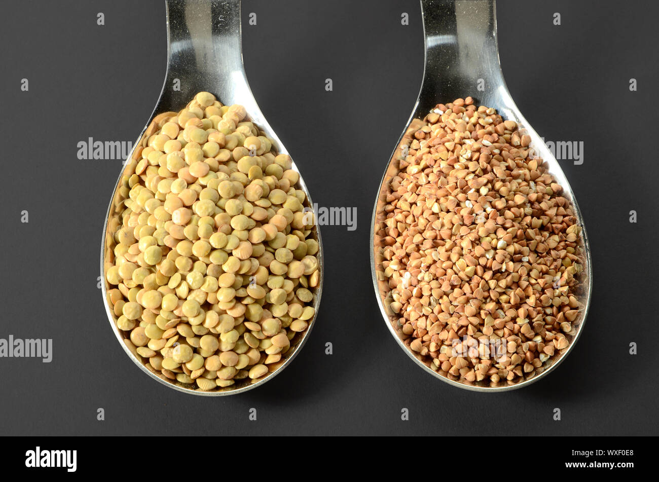 Lentils and buckwheat raw in a spoon on a dark textured background. Stock Photo