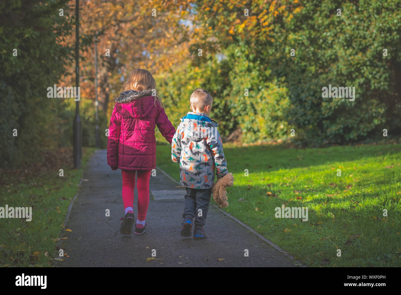 Siblings walking hand in hand in the park Stock Photo - Alamy