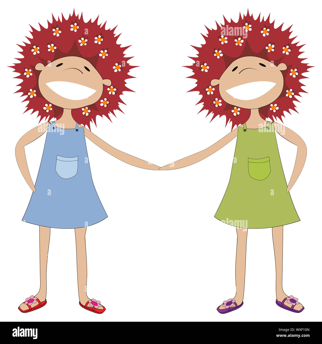 illustration of twin sisters holding hands Stock Photo - Alamy