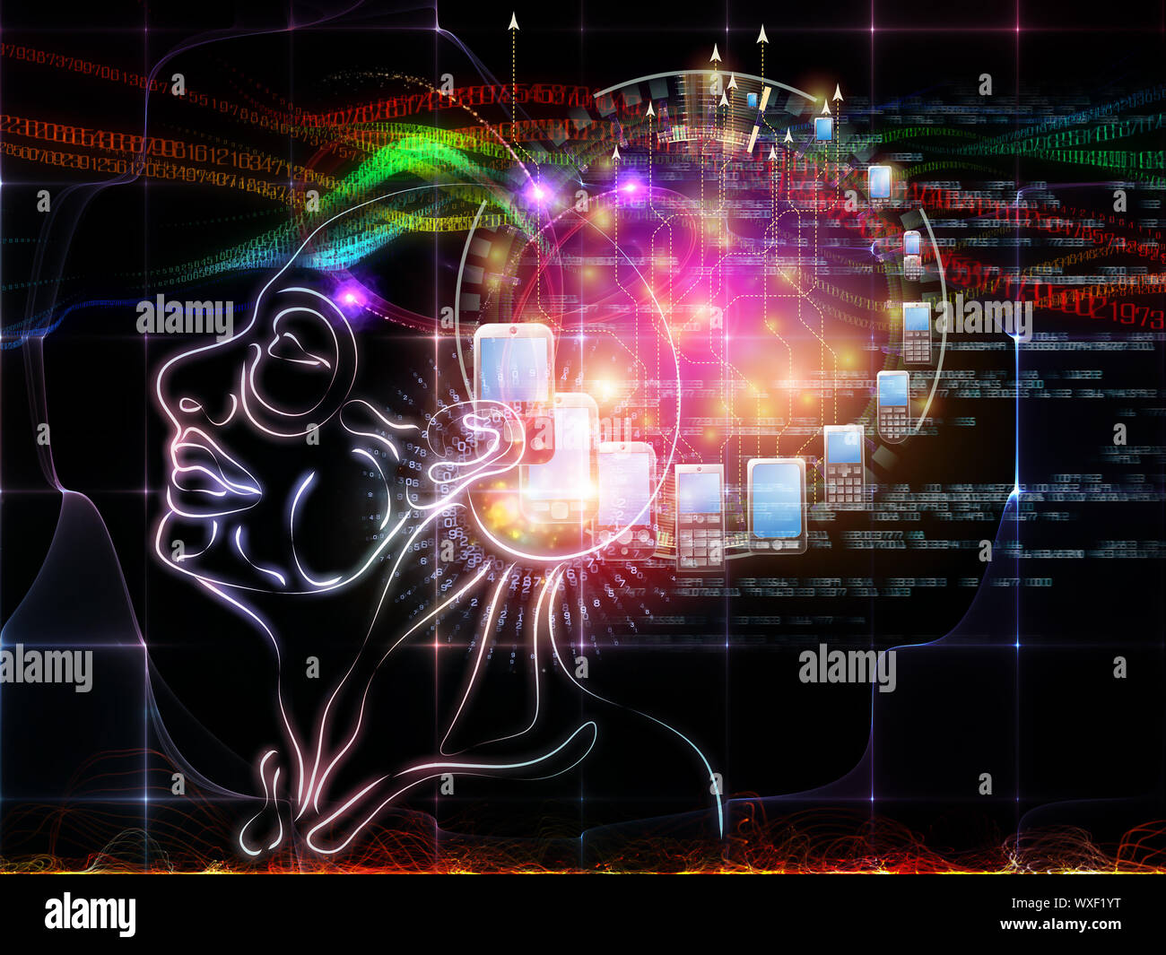 Intelligence series. Composition of human head outlines, lights and fractal elements suitable as a backdrop for the projects on intelligence, knowledg Stock Photo