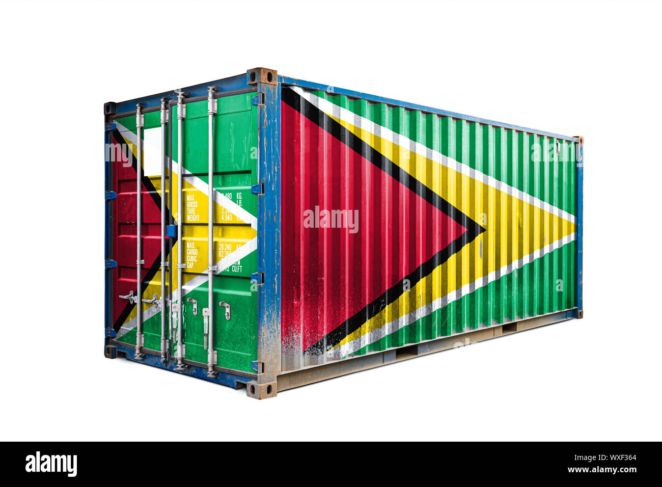 The concept of  Guyana export-import, container transporting and national delivery of goods. The transporting container with the national flag of Guya Stock Photo