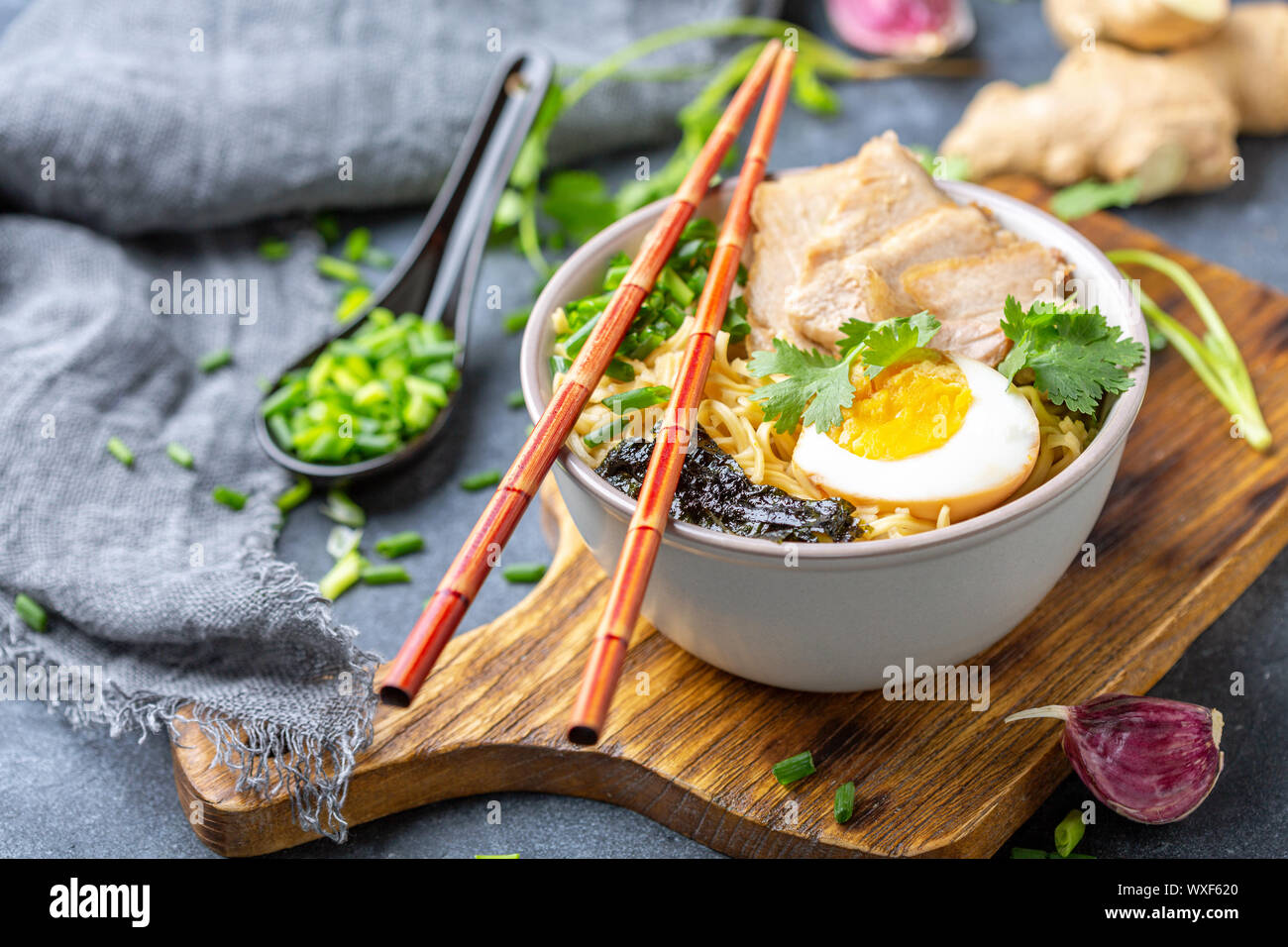 Ramen noodles with pork and pickled egg Stock Photo Alamy
