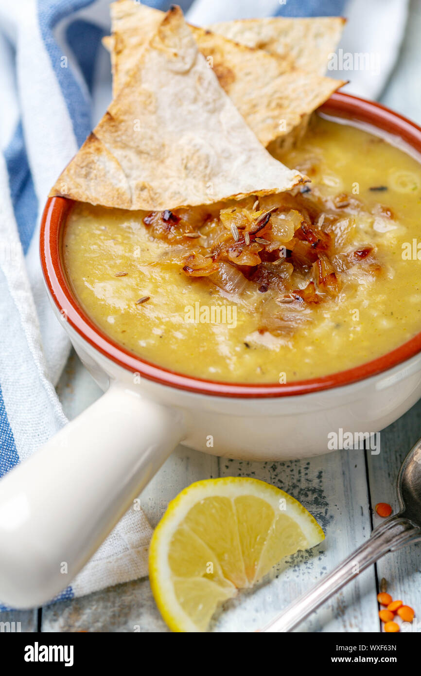 Traditional Lebanese lentil soup. Stock Photo