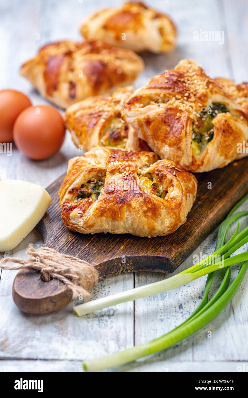 Homemade puffs with spinach, egg and green onions Stock Photo Alamy