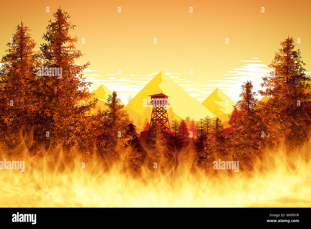 forest fires with watchtower Stock Photo