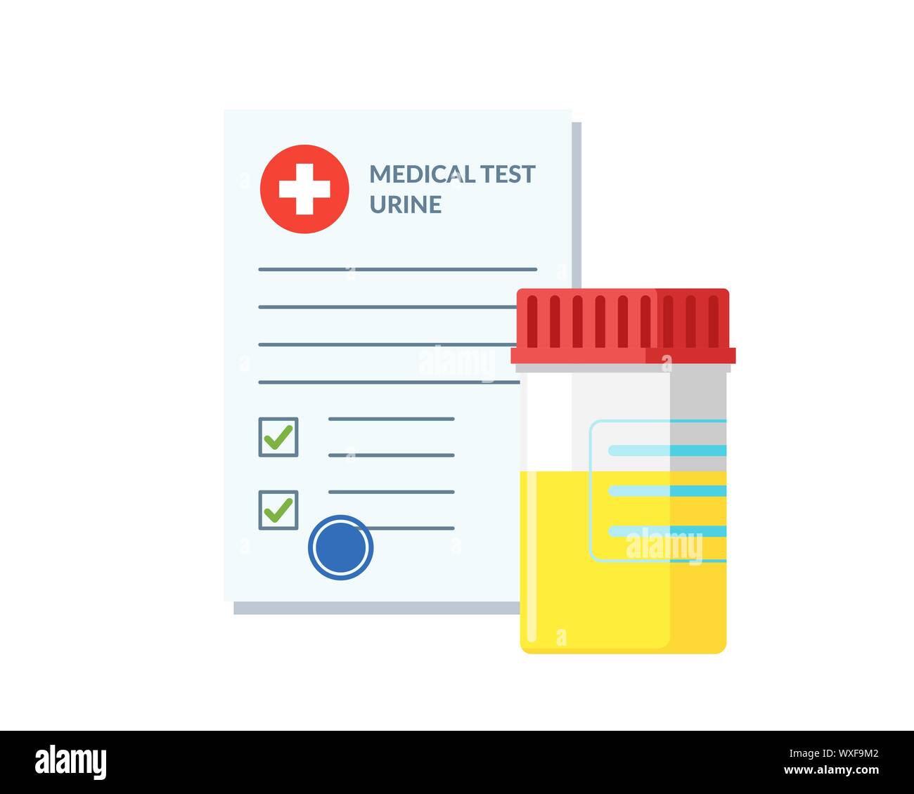 Plastic jar urine pee test and medical form list with results data and