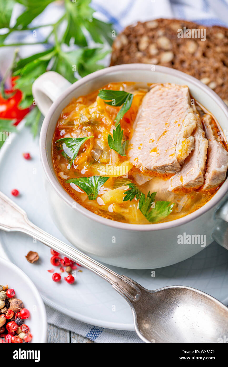 Traditional soup with fresh cabbage and meat. Stock Photo