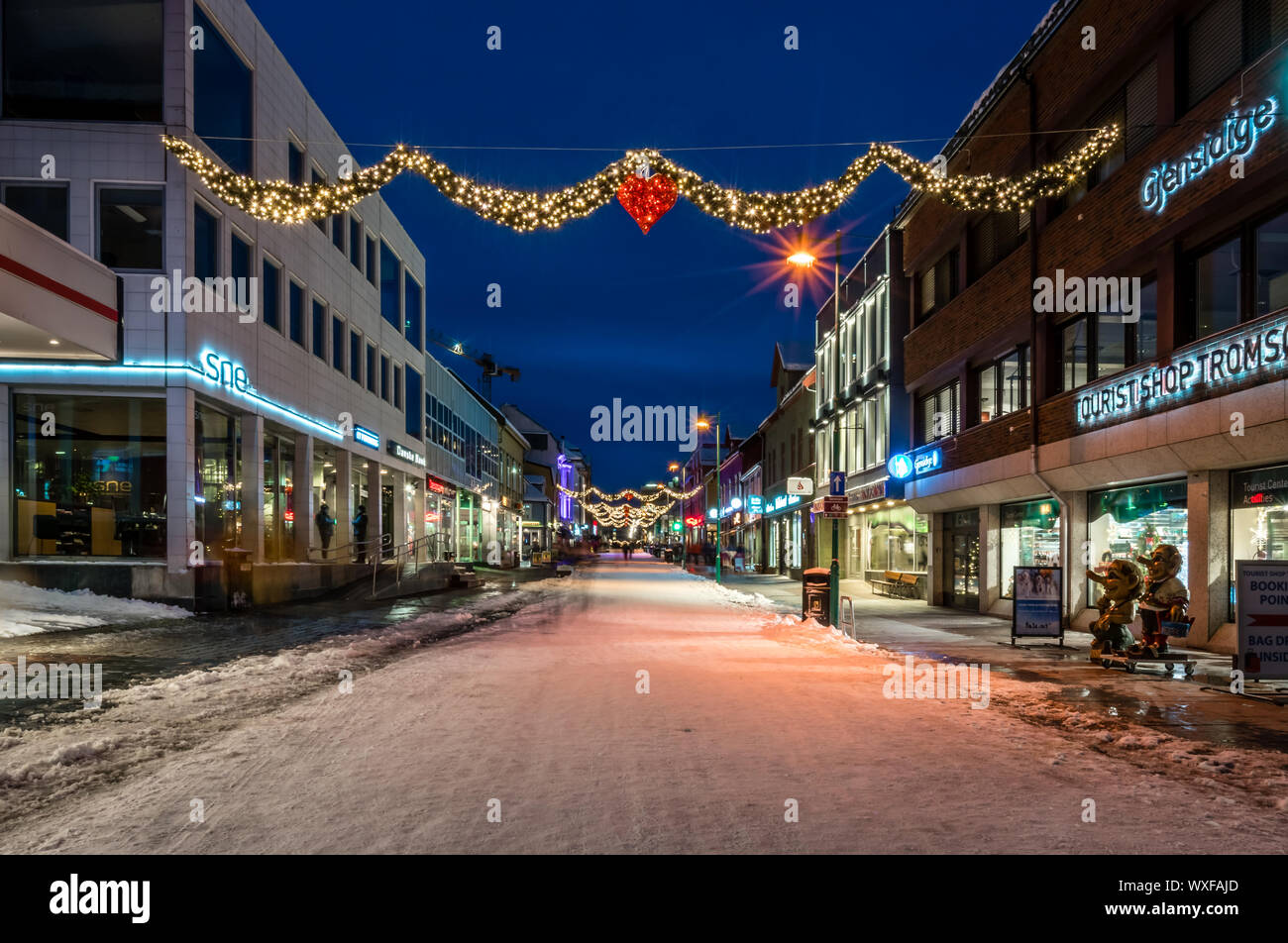 Christmas decorations in Tromso town Stock Photo